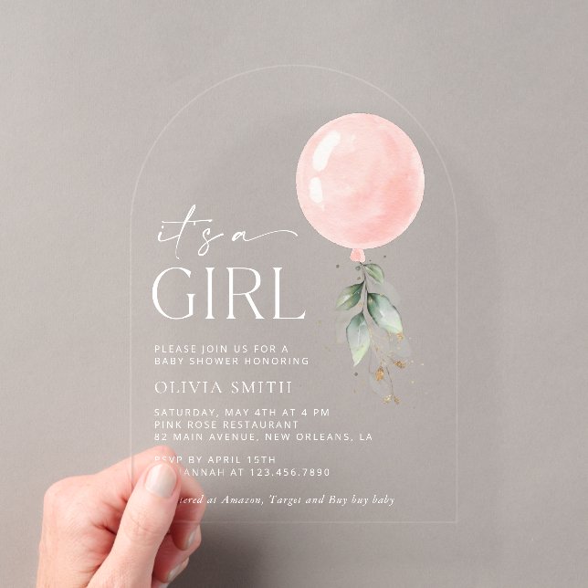 Pink Balloon, Eucalyptus, Greenery, Baby Shower Acrylic Invitations (Insitu (Handheld))