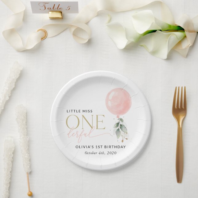 Pink Balloon, Eucalyptus, Greenery, First Birthday Paper Plate (Wedding)