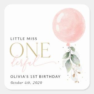 Pink Balloon, Eucalyptus, Greenery, First Birthday Square Sticker