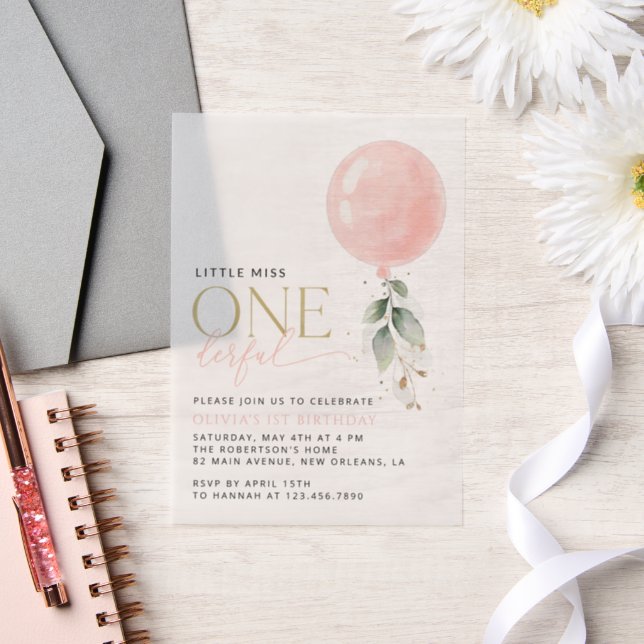Pink Balloon, Eucalyptus, Greenery, First Birthday Vellum Invitations (Wedding)