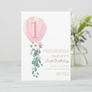 Pink Balloon First Birthday  Invitation