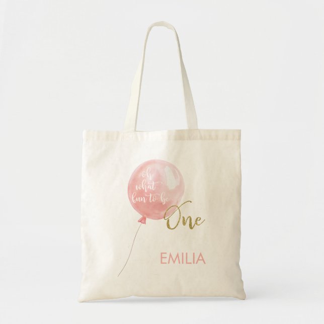 Pink Balloon Gold Glitter One 1st Birthday Tote  Bag (Front)