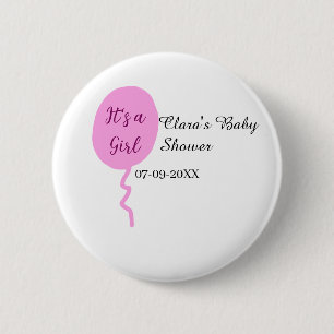 Pink balloon it's a girl baby shower add name date 2 inch round button