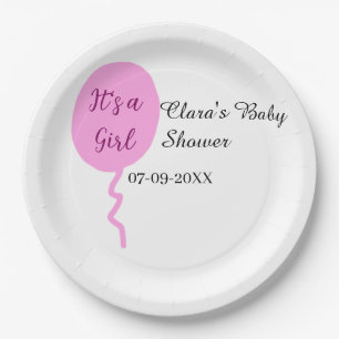 Pink balloon it's a girl baby shower add name date paper plate