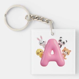 Pink Balloon Letter A Forest Animals Acrylic Keychain