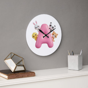 Pink Balloon Letter A Forest Animals Kids  Large Clock