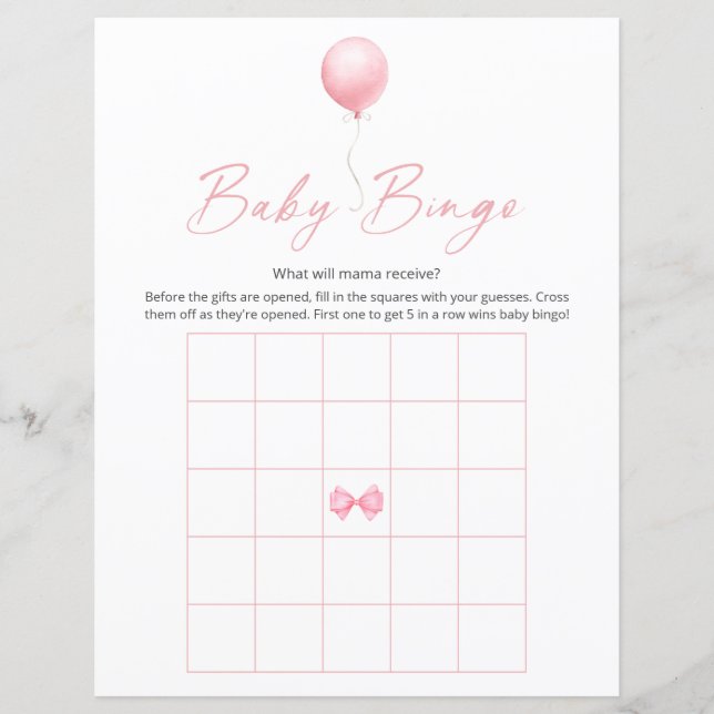 Pink Balloon Modern Baby Shower Bingo Game (Front)