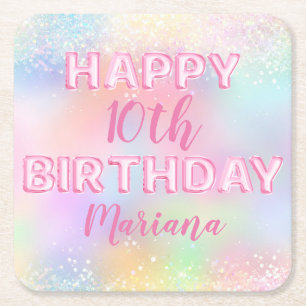 Pink Balloon Rainbow Birthday Party Square Paper Coaster