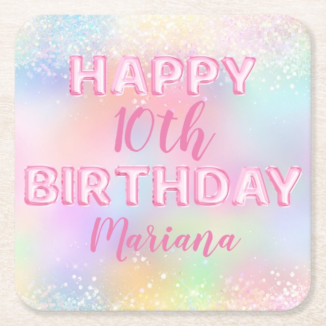 Pink Balloon Rainbow Birthday Party Square Paper Coaster (Front)