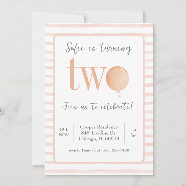Pink Balloon Second Birthday Invitation (Front)