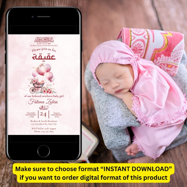 Pink Balloon Stroller Baby Girl Muslim Aqiqah Invitation (Creator Uploaded)