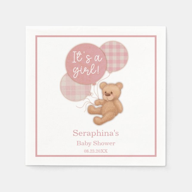 Pink Balloon Teddy Bear Baby Shower Napkins (Front)