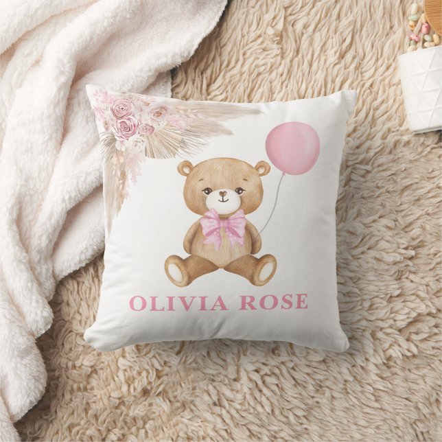 Pink Balloon Teddy Bear Boho Baby Girl Nursery Throw Pillow (Blanket)