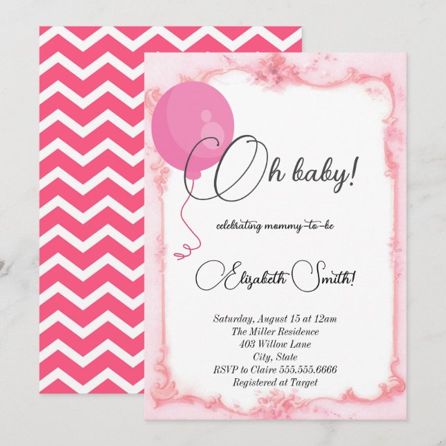 Pink balloon zig zag wallpaper, baby shower invitation (Front/Back)