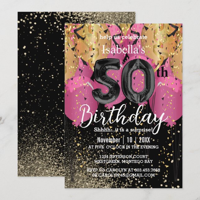 Pink Balloons and Glitter 50th Birthday Invitation (Front/Back)