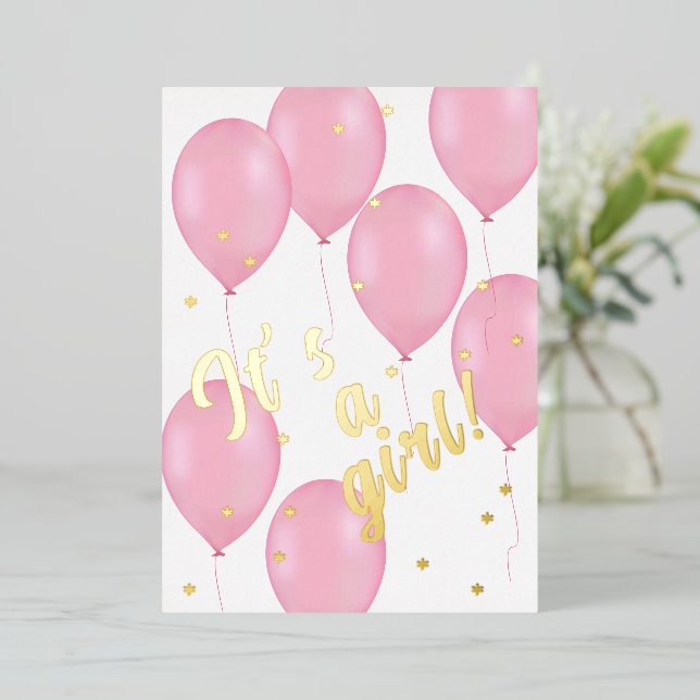 Pink Balloons baby shower Foil Invitation (Standing Front)