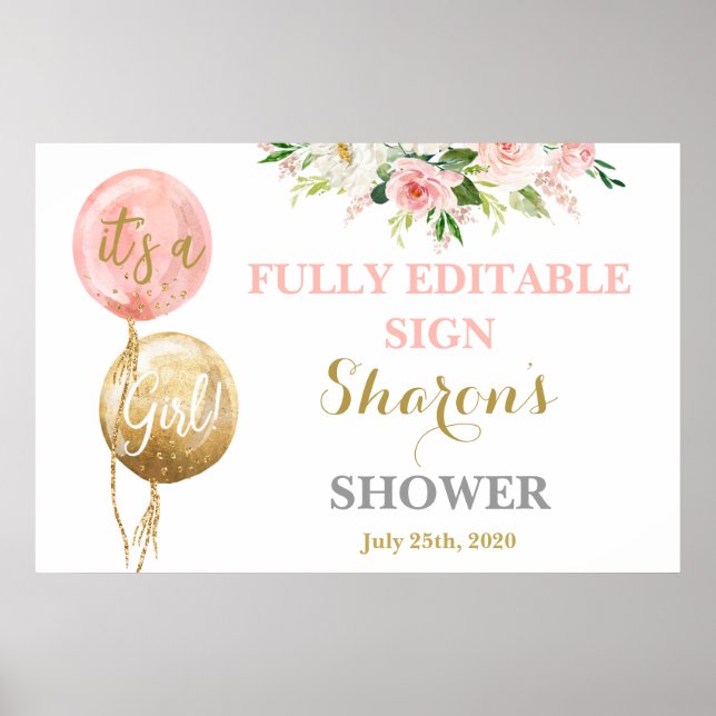 Pink balloons baby shower girl sign (Front)