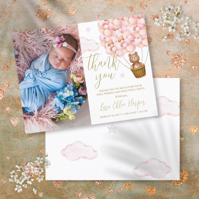 Pink Balloons Bear Thank You Baby Photo Birth Announcement Postcard (Pink Balloons Bear Thank You Baby Photo Birth Announcement Postcard)