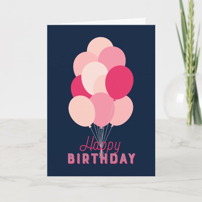 Pink Balloons Blue Happy Birthday Card (Front)