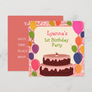 Pink Balloons Cake 1st Birthday Party Invitation