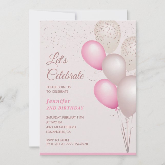 Pink Balloons Confetti Second Birthday Invitation (Front)