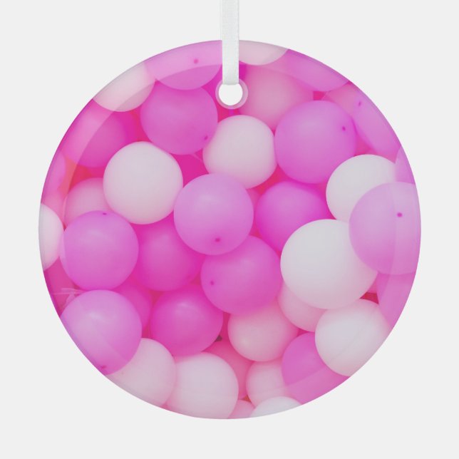 Pink Balloons Festive Background Design. Glass Ornament (Front)