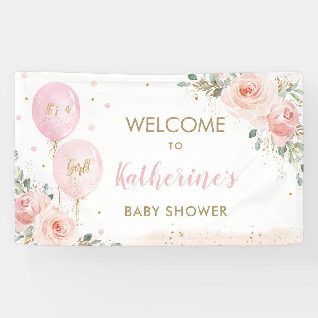 Pink Balloons Floral Baby Shower Welcome Backdrop Banner (Horizontal)