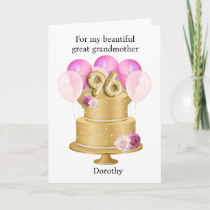 Pink Balloons Flowers Gold 96th Birthday Cake Card