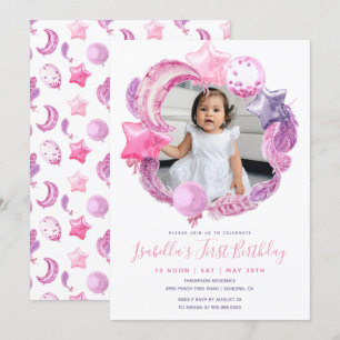Pink Balloons Glitter Photo Girl Birthday Party Invitation