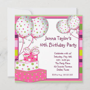 Pink Balloons Presents Girls Birthday Party Invitation