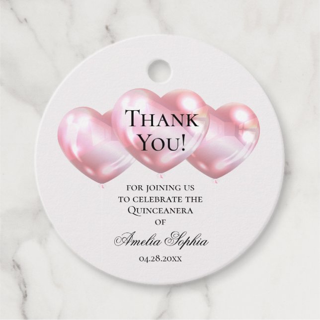 Pink Balloons Quinceañera Favour Tags (Front)