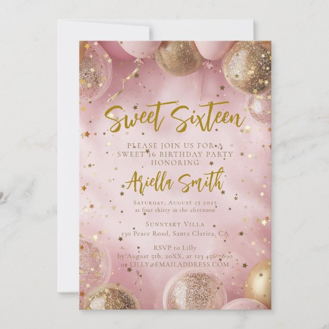 Pink balloons sweet 16 gold confetti invitation (Front)
