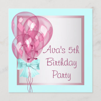 Pink Balloons Teal Blue Girls Birthday Party Invitation