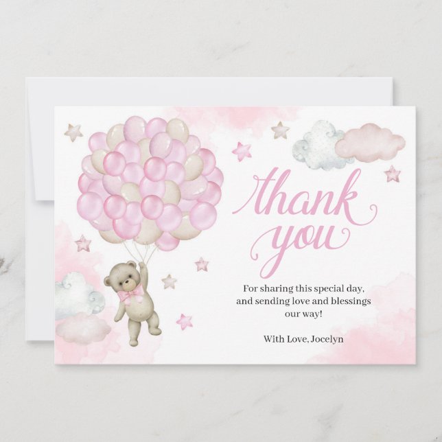 Pink Balloons Teddy Bear Baby Shower Thank You Car (Front)