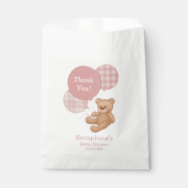 Pink Balloons Teddy Bear Baby Shower Thank You Favour Bag (Front)