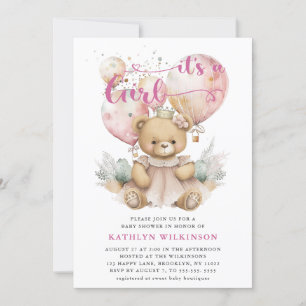 Pink Balloons Teddy Bear Floral Girl Baby Shower Invitation