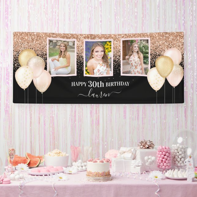 Pink Balloons Three Photos 30th Black Birthday Banner (Party)