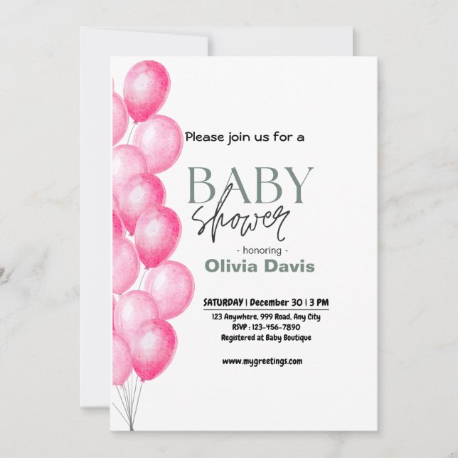 Pink Baloon Baby Shower Invitation (Front)