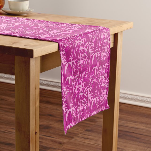 Pink bamboo grass on magenta pattern short table runner (In Situ)