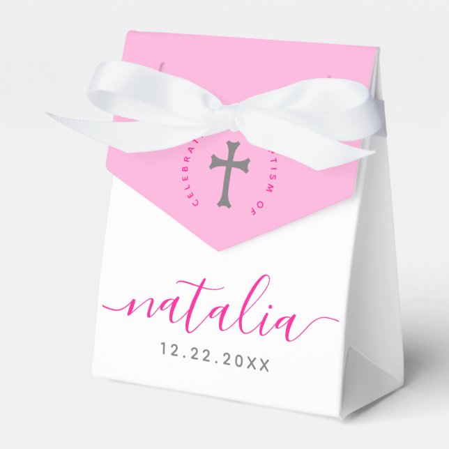 Pink Baptism Christening Naming Cross Favor Box (Front Side)
