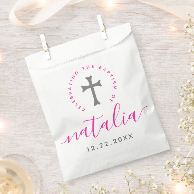 Pink Baptism Christening Naming Cross Favour Bag (Clipped)