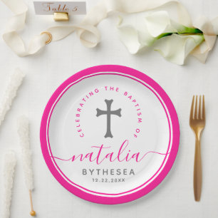 Pink Baptism Christening Naming Cross Paper Plate