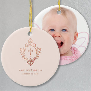 Pink Baptism Cross in Crest Rose Gold Girl Photo Ceramic Ornament