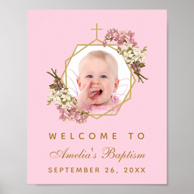 Pink Baptism Girl Photo Orchids Gold Welcome Sign (Front)