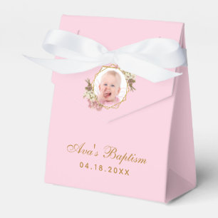 Pink Baptism Girl Photo Orchids Script Gold Floral Favor Box