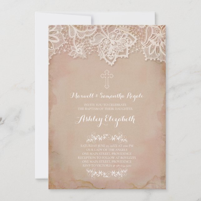 Pink Baptism Invitation, Baby Girl Invitation (Front)