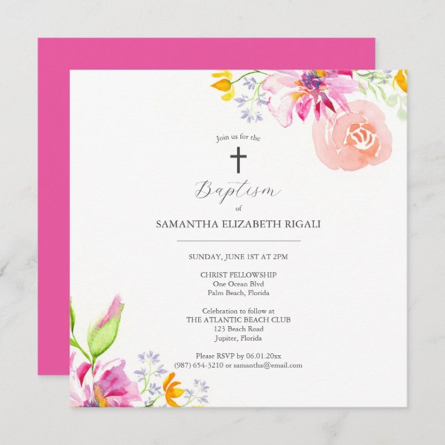 Pink Baptism Invitations for Girl Flowers (Front/Back)