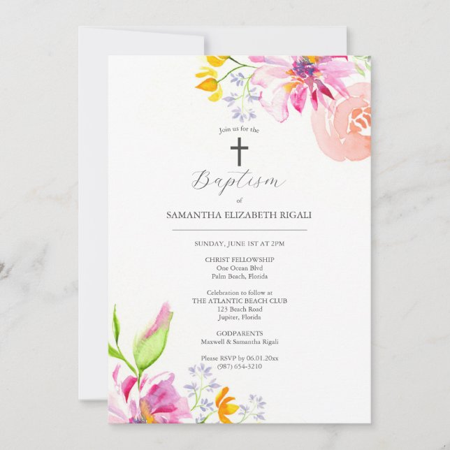 Pink Baptism Invitations Godparents Name Flowers (Front)
