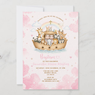 Pink Baptism Noah’s Ark Cloud Invitation
