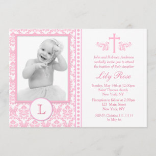 Pink Baptism Photo Invitations